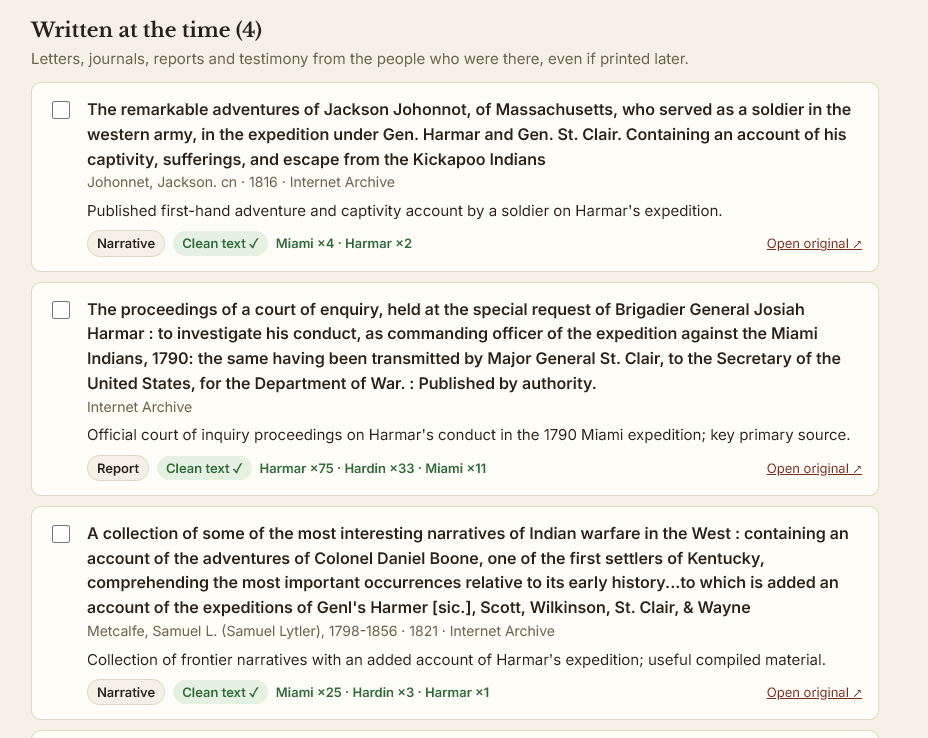 Results: first-hand sources with Clean text and mention counts