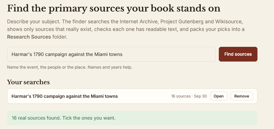 History Source Finder search screen with a saved search